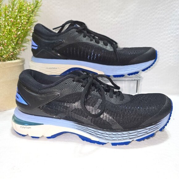 WOMENS ASICS GEL-KAYANO 25 RUNNING SHOES FLYTE FOAM BLACK BLUE SIZE 7.5 EUC - Picture 1 of 11